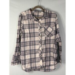 Athleta Plaid Button Down Shirt Women LP Purple Grey White Excellent Long Sleeve